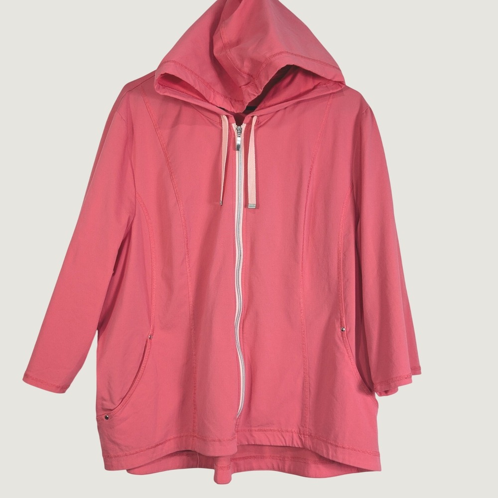 Weekends by Chicos Perfect Stretch Coral Pink Full Zip 3/4 Sleeve Hoodie Jacket